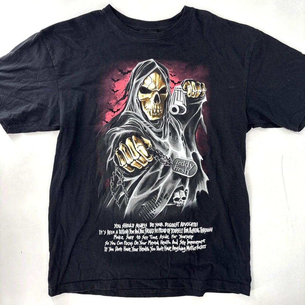 Teddy Fresh Shirt Mens Medium Black Grim‎ Reaper Graphic Tee Mental Health Quote